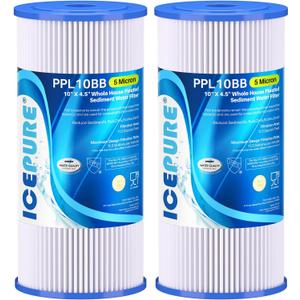 ICEPURE 5 Micron 10" x 4.5" Whole House Sediment Pleated Water Filter Replacement for GE FXHSC, Culligan R50-BBSA, Pentek R50-BB, DuPont WFHDC3001, W50PEHD, GXWH40L, GXWH35F for Well Water, 2PACK