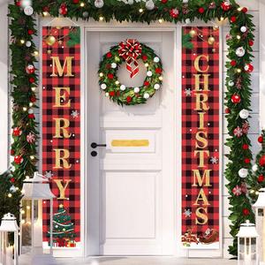 Christmas Decorations Merry Christmas Banner Decor Porch Sign, Christmas Porch Banner Happy New Year Plaid Signs for Home Front Door Fireplace or Holiday Party Decor for Country Wall Hanging Outside