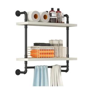 Helsin 24inch Industrial Pipe Shelving Bathroom Shelves Wall Mounted with Towel bar, 2 Tier Rustic Wood Floating Shelf, Metal Towel Rack Wall Shelf for Home & Bathroom (White, 24inch)