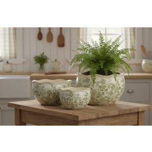 Galt International Ceramic Plant Pots Set of 3 Rustic Vintage Farmhouse Cream Crackle Glaze (11"/ 9.6"/ 7") Garden Indoor Outdoor Flower Planter w/Drainage Hole (Vintage Green)