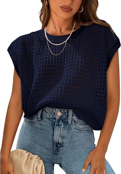 PRETTYGARDEN Womens Spring Tops 2025 Summer Shirts Crochet Cap Sleeve Sweater Pullover Cute Beach Vacation Clothes, Large