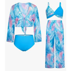 GRACE KARIN Teen Girls Bathing Suits Kids 4 Piece Long Sleeve Swimsuit Kimono Up Pants Bikini Tankini Set Swimwear. 10y