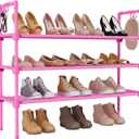 LANTEFUL 3 Tier Shoe Rack for Closet, Shoe Organizer with 5 Hooks, Long Shoe Shelf Storage for Shoe and Boot Stackable Free Standing Shoe Rack for Entryway, Garage, Small Spaces, Dorm, Pink