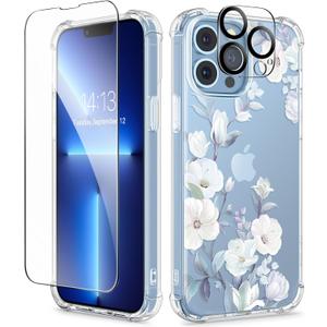 GVIEWIN for iPhone 13 Pro Case Floral, with Screen Protector&Camera Lens Protector,[Non Yellowing] Soft Shockproof Clear Phone Protective Cover for Women, Flower Pattern Design 6.1"(Hibiscus)
