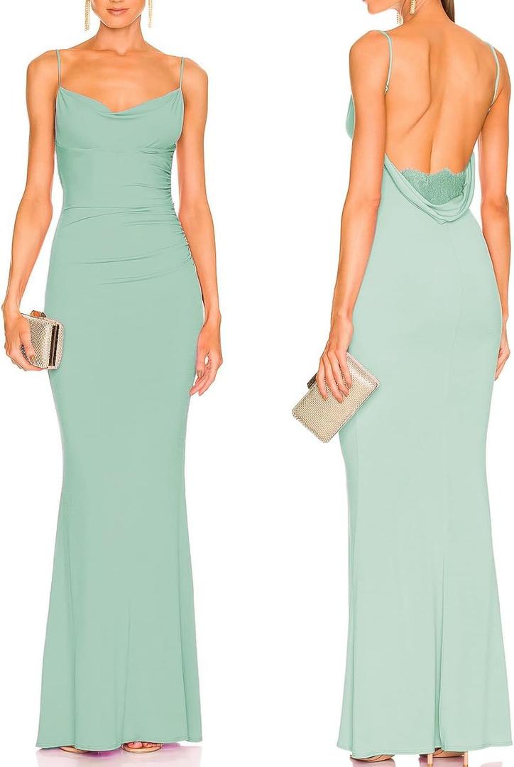 Capuffy Women Drape Neck Formal Maxi Dresses Lace Backless Cocktail Party Dress Spaghetti Straps Mermaid Evening Gown 221 (Large, Mint Green)