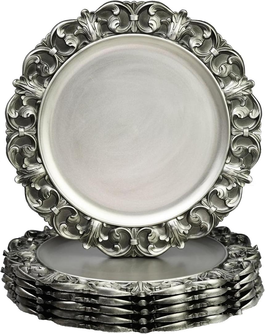 13" Antique Silver Charger Plates, Set of 6 Plastic Textured Chargers for Dinner Plates with Embossed Rim, Table Dcor, Party, Wedding, Holiday, Large