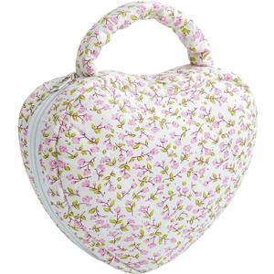 Heart Shaped Floral Cotton Cosmetic Bag Makeup Bag for Women, Travel Quilted Zipper Make Up Case with Handle, Flowers Toiletry Organizer Makeup Cosmetic Travel Cloth Pouch (Small Pink Flower)