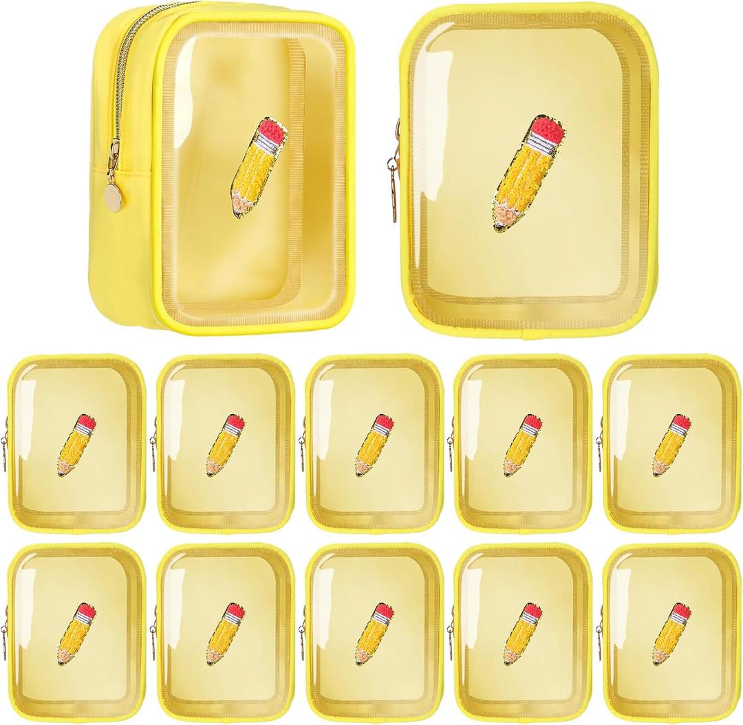 Reginary 12 Pcs Back to School Gift Bags Pencil Patches Makeup Bags with Zipper Funny Teacher Clear Cosmetic Purse Waterproof Party Favors Gift for Teacher Classroom