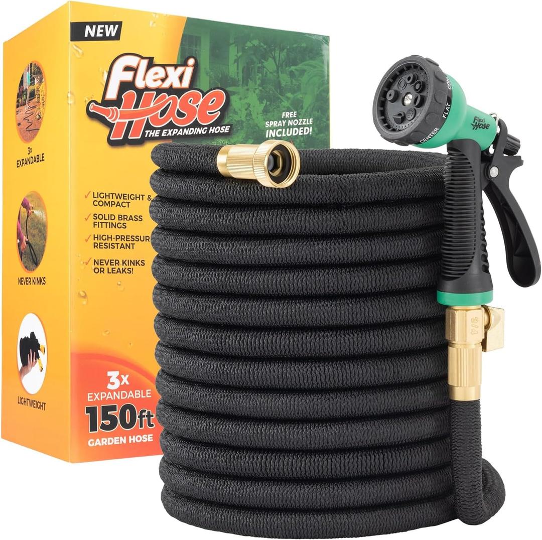 Flexi Hose with 8 Function Nozzle, 150FT - Lightweight Expandable Garden Hose, No-Kink Flexibility, 3/4 Inch Solid Brass Fittings and Double Latex Core (Black)