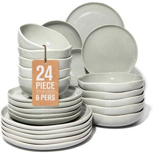 Pokini 24 Pieces Dinnerware Set for 6 with Pasta Bowls, Complete Ceramic Dish Set, Stackable & Glossy Stoneware Plate and Bowl Set for Effortless Everyday Hosting, Gray Green