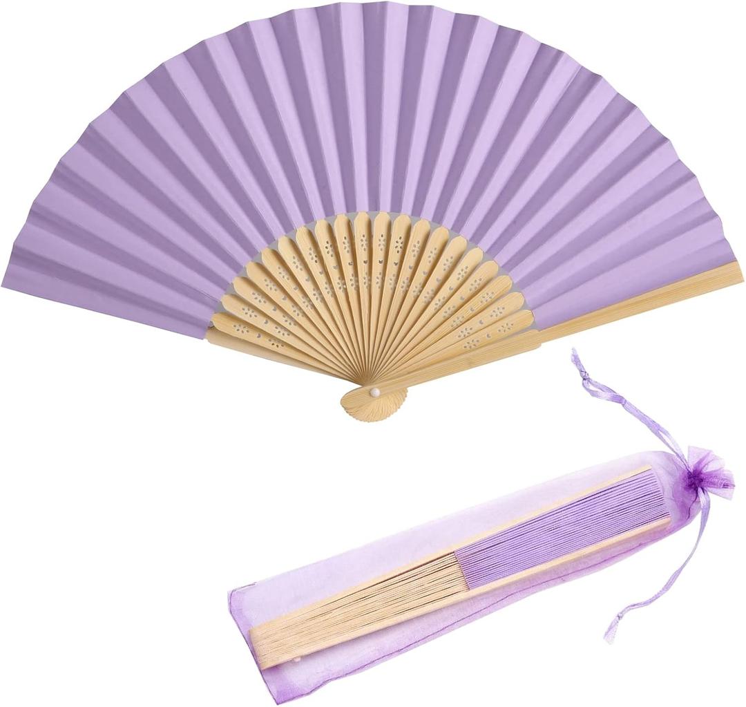 50pcs Paper Hand Fan with Organza Bags Bamboo Handheld Folding Fan DIY Decorative Wedding Party Favors (Light Purple)