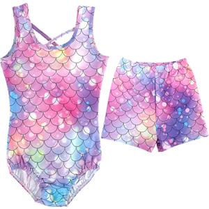 Mermaid Gymnastics Leotards for Girls 4-13 Years Old Toddler Kids Dance Tumbling Outfit Matching Shorts Set Birthday Gifts (Sk36) Size: 12-13 Years