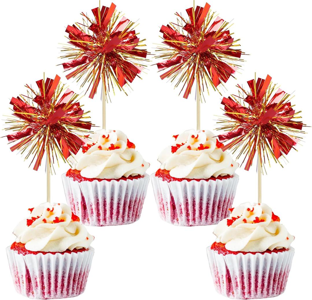 Gyufise 30Pcs Foil Firework Cupcake Toppers Sparkle Tinsel Cake Toppers Tinsel Drink Cake Decoration Cocktail Picks for Birthday Wedding Graduation Party Supplies Gold Red