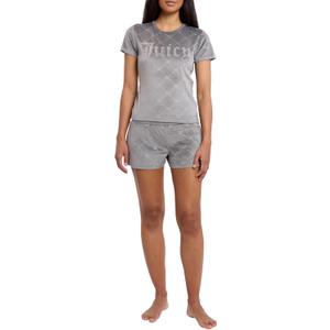 Juicy Couture Women's 2 Piece Velvet Fleece Short Sleeve Shirt and Pajama Shorts Lounge Sleepwear Set (Medium, Grey Jc Embossed)