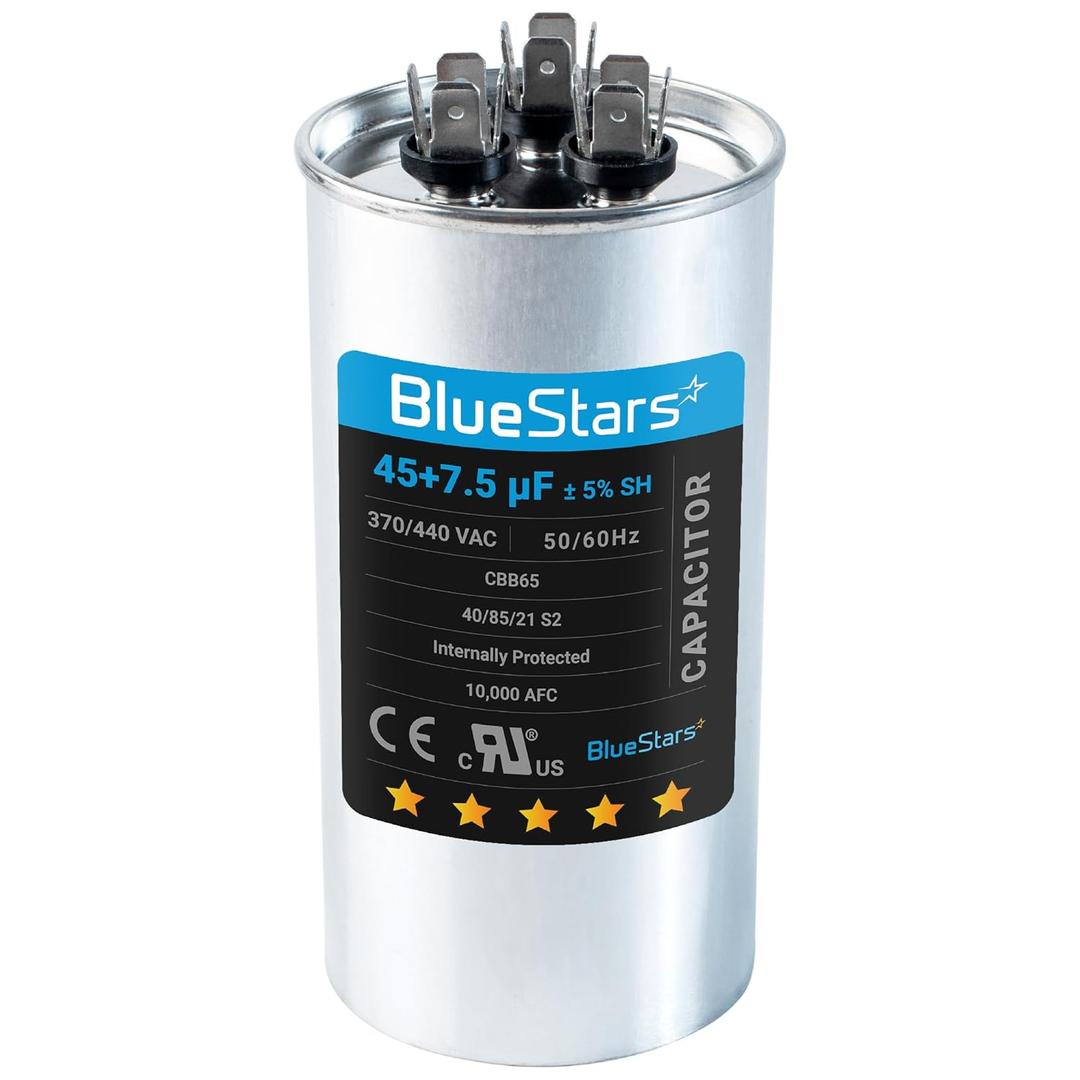 [UL Certified] BlueStars 45+7.5 uF 45/7.5 MFD 370/440 Volt V AC Round Dual Run Capacitor CBB65 CBB65A - for Air Conditioner Unit Fan Motor Start or Heat Pump or Condenser Straight Cool