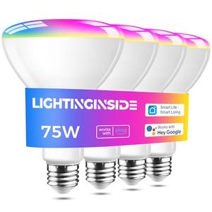 Lightinginside Smart Light Bulb 1100LM, RGBCW BR30 E26 Bulb Works with Alexa/Google Home/Smart Life, 2.4G WiFi Bluetooth Recessed Flood LED Bulbs 12W, No Hub Required, 75W Equivalent, ETL Listed, 4PCS