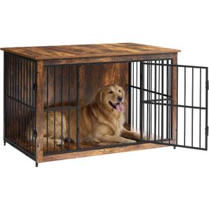Feandrea Wooden Dog Crate Furniture, 48 Inches Heavy-Duty Kennel for Dogs up to 110 lb, with Double Doors and Enclosed Wood Base, Modern Pet Cage End Table Indoor, Rustic Brown