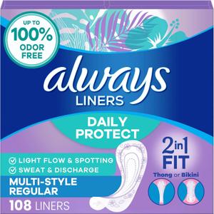 Always Daily Protect Multi-Style Liners, Regular Length, Unscented Panty Liners, Up to 100% Odor Free and Fragrance Free, Cleanguard Quilted Core Absorbs Wetness and Odors, 108 Count