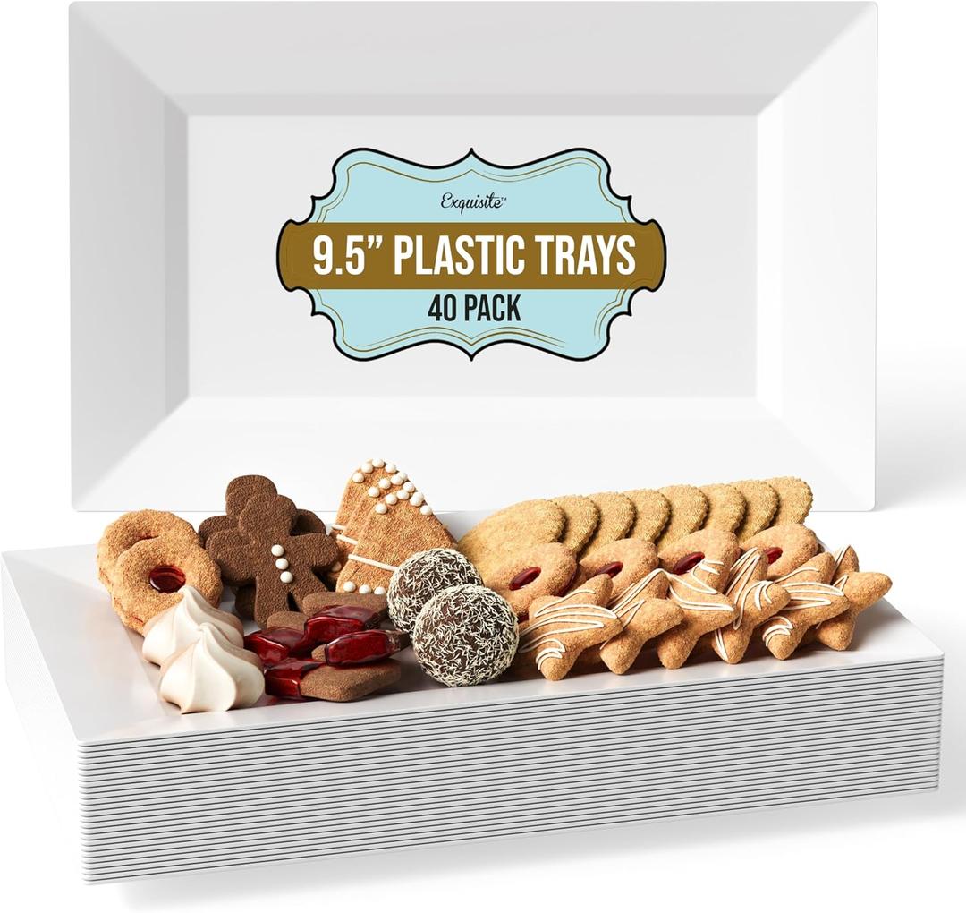 Exquisite Plastic Serving Trays For Party - 40 Pcs 9.5 Inch White Serving Platters, Disposable Party Trays For Food, Catering & Buffet