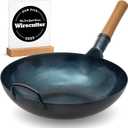 YOSUKATA 13.5 Blue Carbon Steel Wok Pan Pre-Seasoned Flat Bottom Wok Compatible with open fire, gas, electric, ceramic, induction cooktops -Traditional Chinese Pan for Stir Fry, BBQ, Grill, Camping