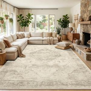 Garvee Beige 8x10 Area Rugs for Living Room, Boho Vintage Non-Slip Washable Rug Low Pile Stain Resistant Soft Foldable Large Carpet for Bedroom Dining Home Decor