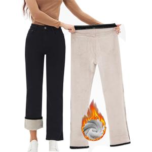 Yehopere Women's Fleece Lined Jeans Straight Leg Wide Jeans Winter Sherpa Flannel Lined Thermal Denim Pants (Formal Black)