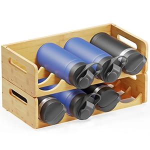 SpaceAid Bamboo Water Bottle Organizer with Labels, Kitchen Pantry Water Bottle Storage Rack for Cabinets, Home Cup and Bottle Holder Shelf Organizers, 2 Pack 4-Slot, Hold 8 Bottles