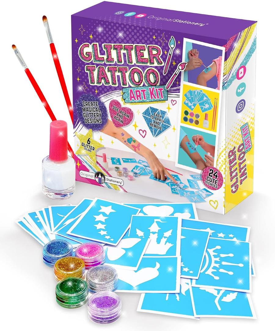 Original Stationery 33-Piece Glitter Tattoos for Kids, Face & Skin-Friendly with 24 Stencil Designs, 6 Colorful Cosmetic Glitters, 2 Brushes & Body Adhesive, Easter Sleepover Party Supplies for Girls