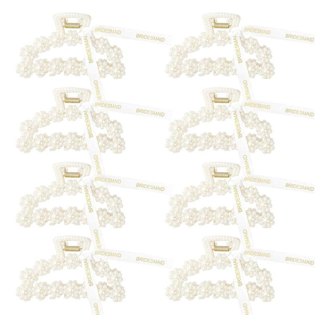 DEEKA Bridesmaid Proposal Gifts 8 Pack Pearl Bridesmaid Hair Claw Clips with Ribbon 3.7 Inch Large Hair Clips Bachelorette Party Favors Bridal Party Present Hair Accessories (Half Circle L)