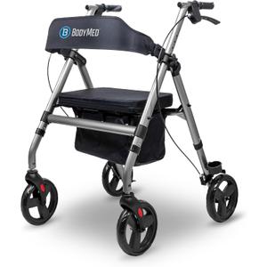 BodyMed Rollator with 8 in. Wheels - Adjustable Padded Seat, Dual Brake System, Compact Folding Design, Suitable for Most Terrains - Mobility Aid for Recovery and Daily Living