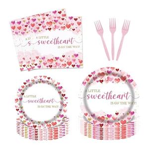 96Pcs Valentine's Day Baby Shower Party Supplies A Little Sweetheart is on The Way Party Plates and Napkins Disposable Watercolor Love Heart Tableware Set for Kids Baby Shower Decorations Serves 24