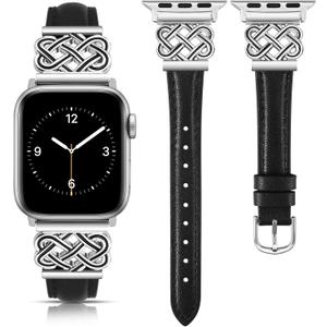 TOYOUTHS Leather Band Compatible with Apple Watch Bands Women 42/ 44/ 45/ 46/ 49mm Dressy Slim Leather Strap with Designer Interlock Buckle for iWatch Series 10/ 9/ Ultra/ SE/ 8/ 7/ 6/ 5/ 4/ 3/ 2/ 1, Black+Silver