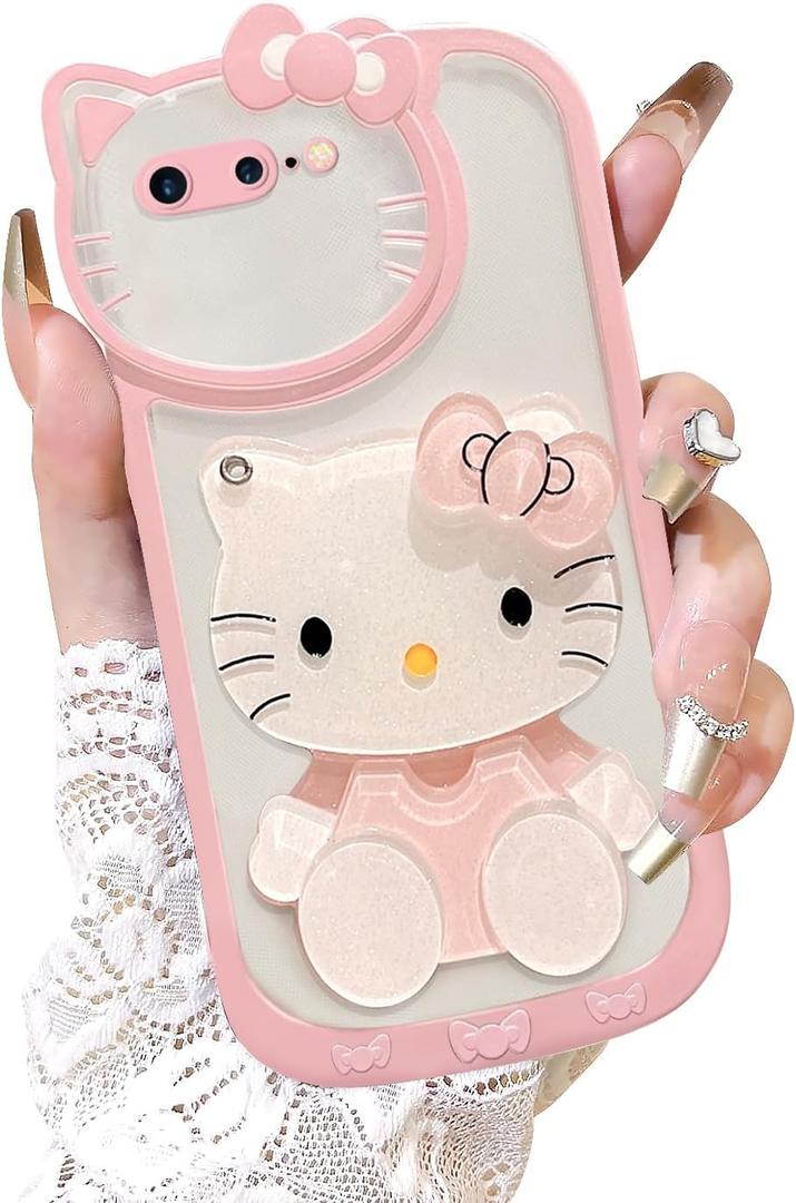 for iPhone 7 8 SE2020 SE2022 Kawaii Cartoon Cute Pink Phone CaseBuilt-in Makeup Mirror for Women Girls, Soft Transparent Protective Pink Phone Case