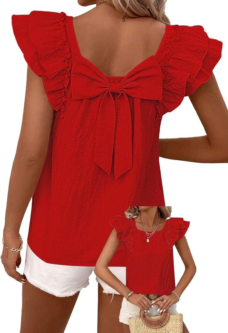 Womens Bow Tie Back Tops Round Neck Ruffle Short Sleeve Shirts Cute Babydoll Chiffon Tee Women Summer Trendy Tunic (Large, Red)