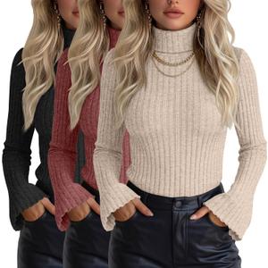 3 Pack Women's Turtleneck Sweaters Slim Fit Ribbed Knitted Bell Long Sleeve Pullover Shirt Basic Tops Fall Winter (X-Large, Khaki, Red, Black)