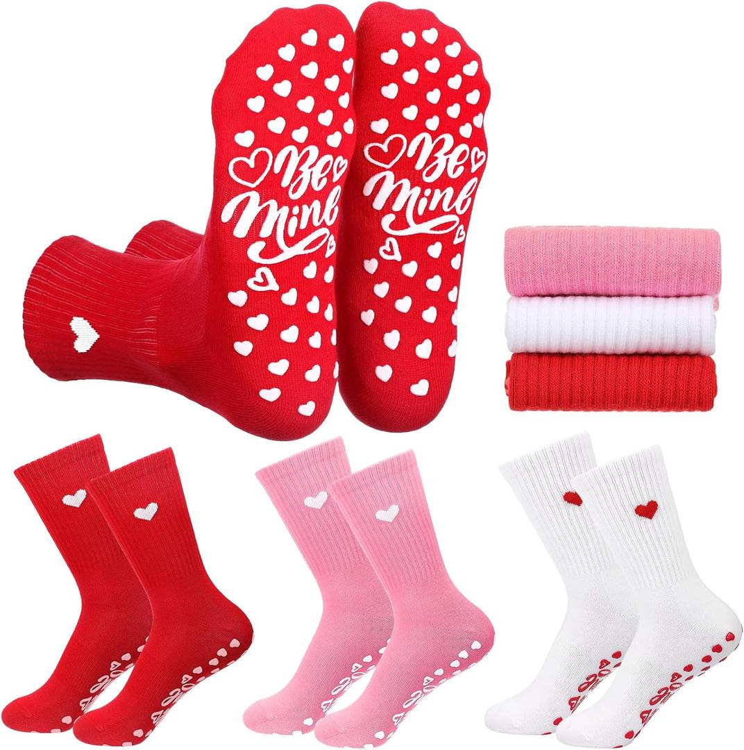 Geyoga 3 Pairs Heart Pilates Socks for Women Nonslip Gripper Yoga Athletic Crew Socks for Mother's Day, Barre, Barefoot (Red White Pink)