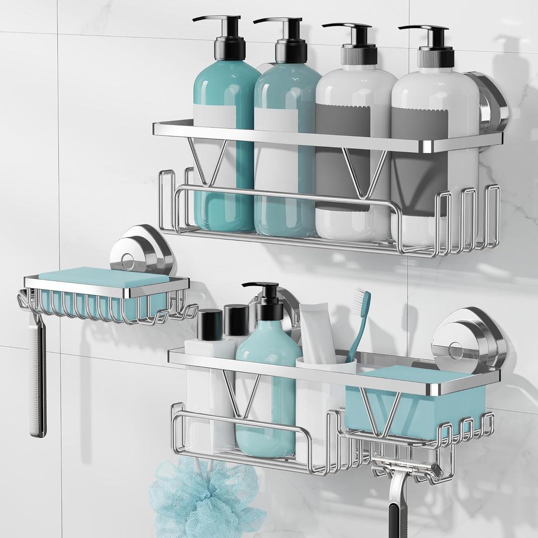 KEGII Suction Cup Shower Caddy  3 Pack Suction Cup Shelf with Soap Holder & Hooks, Rustproof Stainless Steel Shower Organizer Rack, Removable No Drilling Bathroom Storage Rack, Silver