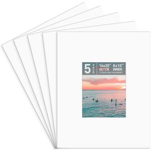Golden State Art, Pack of 5, Pre-Cut 16x20 Picture Mats Bevel Edge 7.5x9.5 Opening for 8x10 Photos, White