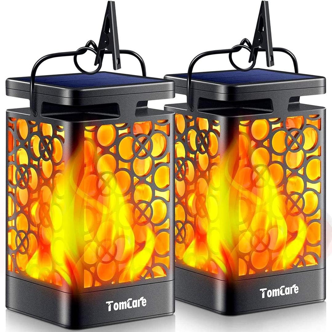 TomCare Solar Lanterns Outdoor Upgraded Flickering Flame Waterproof Hanging Lanterns Decorative Solar Powered LED Christmas Lights for Patio Deck Yard, 2 Pack (Black)