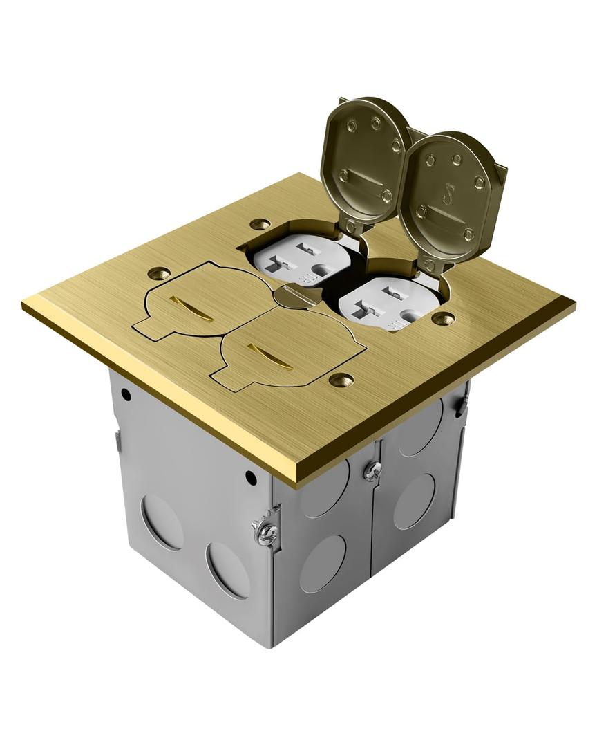 Floor Outlet Cover Plate, Flip Lid Brass Cover Floor Box Kit, 20A Tamper Resistant Receptacle, 2-Gang Electrical Outlet Box with Watertight Gaskets - Golden
