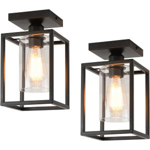 2 Pack Semi Flush Mount Ceiling Light, Black Metal Frame with Clear Glass Shade, Farmhouse Light Fixture for Kitchen, Island, Entryway, Porch, Foyer, Dining Room