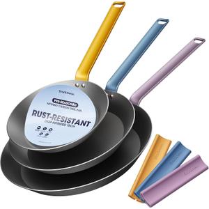 Carbon Steel Frying Pan Set 8"/10"/12", Preseasoned Skillet Trio, Nitrided Rust Resistant Kitchen Cooking Set, Induction & Oven Safe