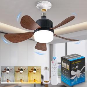 Socket Fan Light with Remote, 18" Wood Dimmable LED Small Ceiling Fans with Lights, 3 Colors 3000K-6500K Replacement Light Bulb Fan for Bedroom Kitchen Living Room Garage