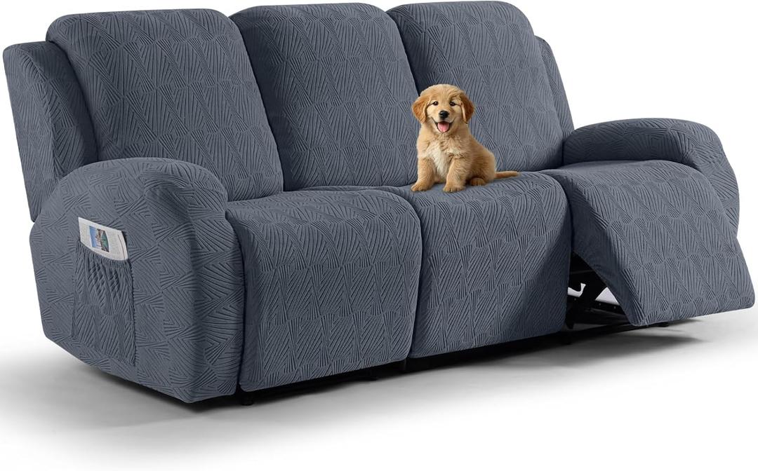 VANSOFY Recliner Couch Cover, 8-Pieces Stretch Recliner Sofa Cover Soft Jacquard Reclining Slipcover Furniture Protector with Elastic Bottom for Kid, Pets(3 Seat,Gray)
