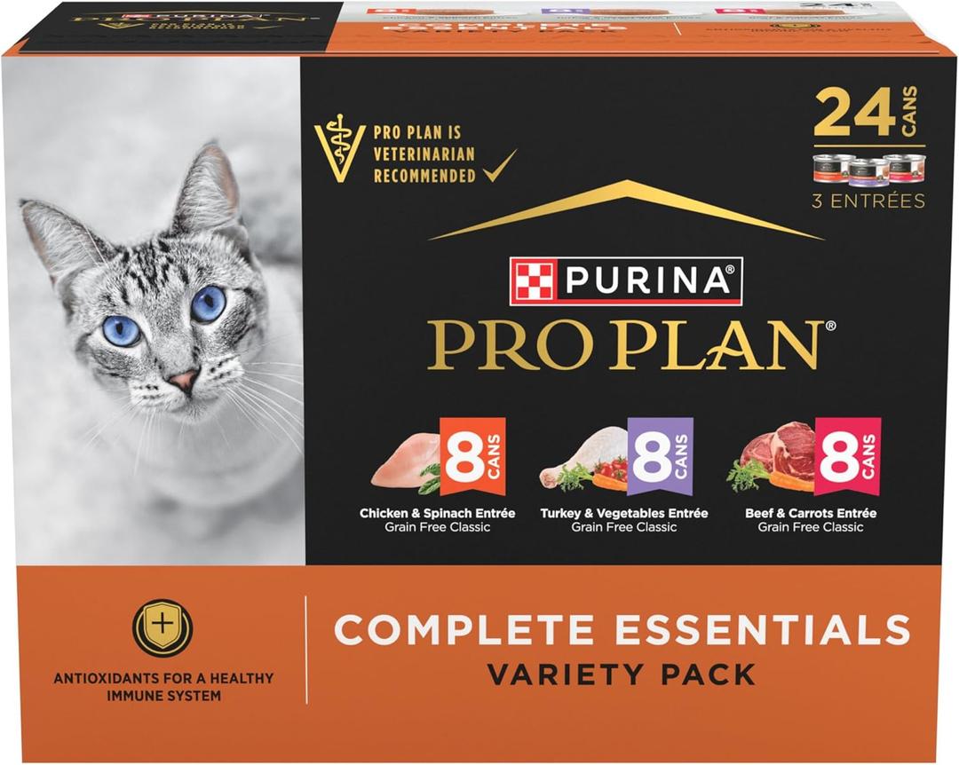 Purina Pro Plan Complete Essentials Chicken, Turkey and Beef Grain Free Wet Cat Food Variety Pack - (24) 3 oz. Cans best before Feb 2027