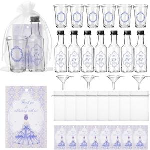 24 Set Quinceanera Party Favors for Guests Include Aera Clear Shot Glasses Plastic Empty Bottle Thank You Card Organza Bag and Funnel for Sweet 15 Birthday Party Supplies(Purple)