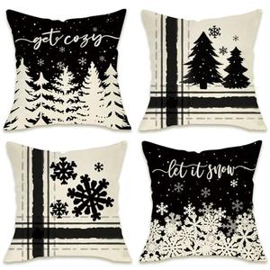 Fahrendom Winter Snowflake Decorative Throw Pillow Covers 20x20 Set of 4, Let It Snow Christmas Pine Tree Black Outdoor Pillowcase, Get Cozy Seasonal Holiday Farmhouse Cushion Case Home Decor