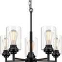 5-Light Chandelier for Dining Room Kitchen Island Modern Farmhouse Pendant Lighting with Clear Glass Shades Industrial Black Hanging Ceiling Light Fixture for Living Room, Height Adjustable