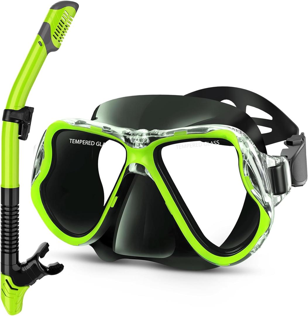 Greatever Dry Snorkel Set,Panoramic Wide View,Anti-Fog Scuba Diving Mask,Professional Snorkeling Gear (Adults, Black Lime Green)