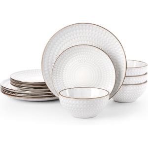 Famiware Eden Plates and Bowls Sets, Stoneware Dinnerware Sets with Gold Trim, 12 Pieces Dishes Set for 4 - Chip and Scratch Resistant, Microwave and Dishwasher Safe, White Circle